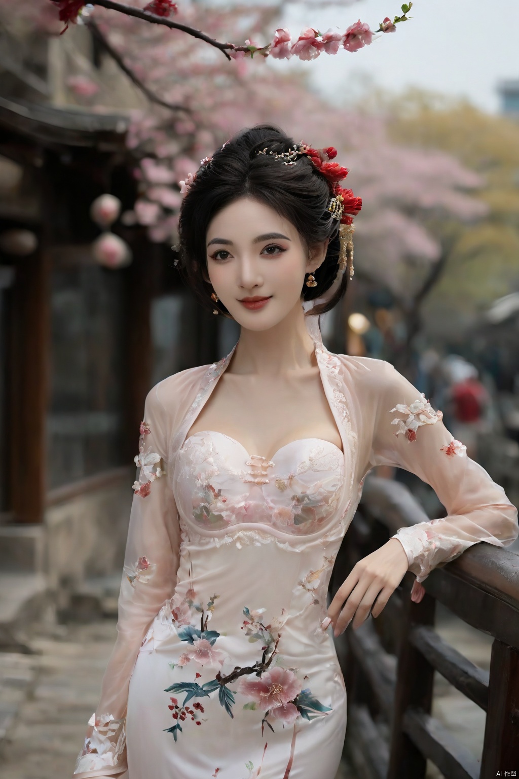  Realistic, photorealistic, masterpiece, best quality, dark shot, (photo of portrait:1.2), (1girl), (straight and round breasts:1.8), solo, smile, looking at viewer, long black hair, Full-body photos, (Wearing a pink Chinese wedding dress on the outside and a white lace semi transparent bra on the inside:1.8), (an ancient bride adorned with gold hairpins and silver jewelry), an extremely delicate and beautiful, real person, fair skin, ((Slender and perfect long legs)), ((perfect hands)), (perfect hands:1.5), plentiful breasts, (see through:1.5), (blackpantyhose:1.2), (plump chest), (Suzhou Garden:1.3), (cherry blossom trees:1.1), petals, falling petals, petals, falling petals, Lantern, Realistic Scene, Canon D50 Shooting, wedding gown, qipao