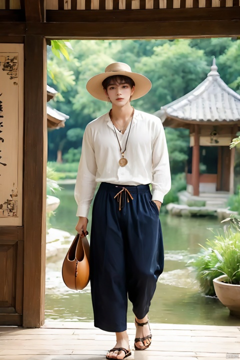  1boy, loose printed pants, flowing shirt, sandals, big brimmed hat, ring, long necklace, woven handbag, guitar, folk music, garden, love for nature, all food store, Renaissance architecture, creek, calligraphy exhibition