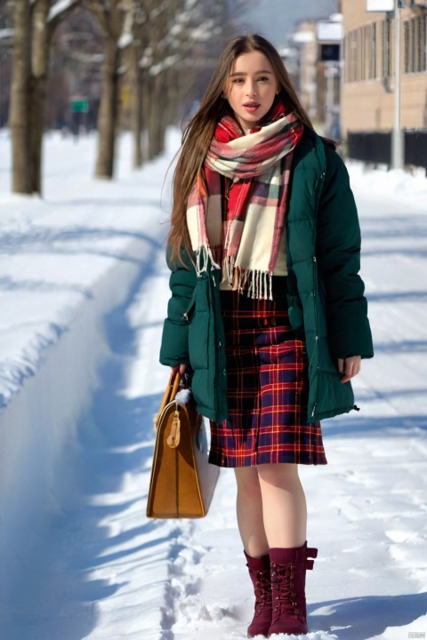  1girl,long hair, Winter clothing, college style,plaid skirt,full body,thick coat, cotton-padded jacket, plaid scarf, on the way home, snow, snow,outdoor,Master lens, golden ratio composition, (Canon 200mm f2.8L) shooting, large aperture, background blur.sunlight.Dasha Taran