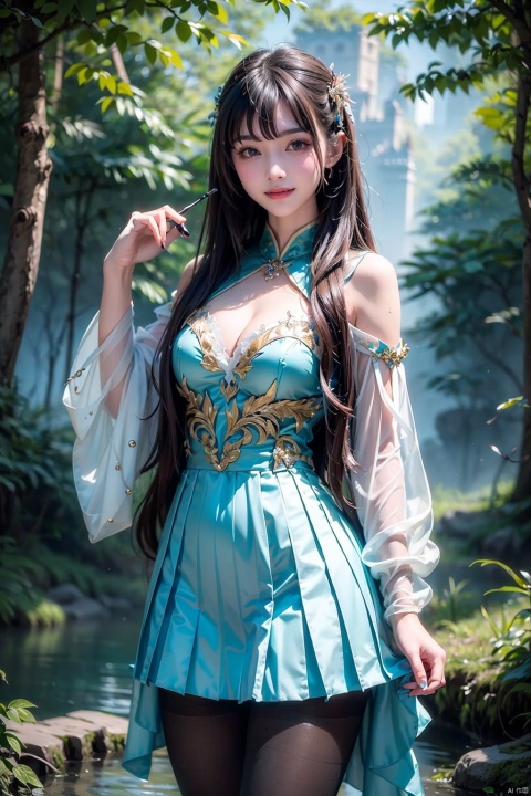  (Masterpiece, best quality: 1.5), surreal, 1 girl, straight bangs, long hair, straight hair, portrait, mysterious forest, sweet smiling girl, pantyhose, pantyhose, pantyhose,
Exquisitely decorated pleated princess dress, medium chest, exquisite and realistic details, magical tower background, mysterious fantasy world, beautiful visuals