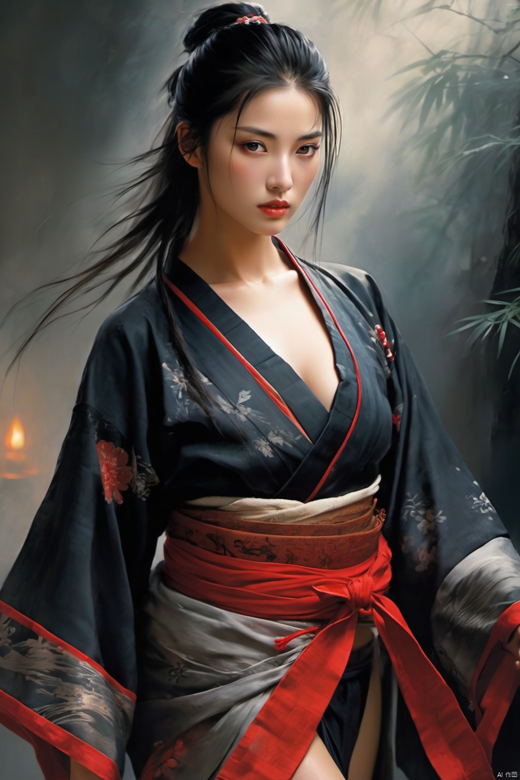 In the mesmerizing style of Luis Royo, behold a young female samurai, her fierce spirit encapsulated in the depths of her glowing crimson eyes. With long, braided dark hair cascading down her back, she stands proudly in a short black silk yukata, revealing intricate tattoos adorning her arms and legs. Surrounded by dancing shadows that seem to echo her inner turmoil, she emanates a potent blend of sadness and anger, her expression a powerful testament to her resolve. Royo's signature graphic style brings her to life with dynamic lines and intricate detailing, capturing every essence of her badass demeanor and fiery determination.