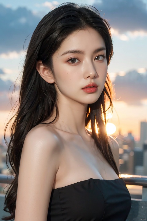  NSFW,Frontal photography,Look front,evening,dark clouds,the setting sun,On the city rooftop,A 20 year old female,Black top,Black Leggings,black hair,long hair, dark theme, muted tones, pastel colors, high contrast, (natural skin texture, A dim light, high clarity) ((sky background))((Facial highlights)),Strapless,