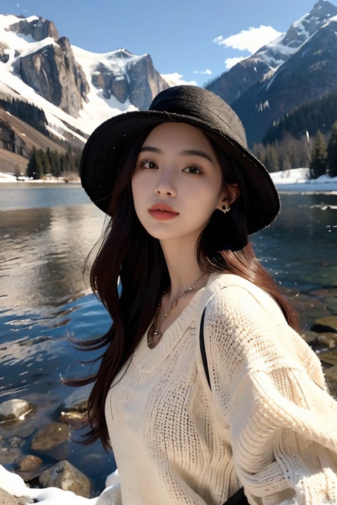 1girl, solo, hat, jewelry, long hair, realistic, black hair, earrings, outdoors, photo background, mountain, necklace, river, looking at viewer, lake, day, nature, upper body, black eyes, lips, a woman with long hair wearing a hat and a backpack near a lake and mountains with snow on the tops