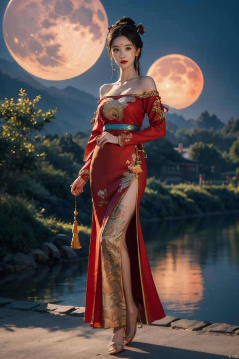  ((huadian)),((wide_shot:1.3)),High detail RAW color Picture of a stunning beautiful chinese girl dancing in rockery,pink dress with gold embroidery,((dancing,looking_at_viewer)),motion,ligth_blush,(((dancing_pose,night,sky,:1.1))),((huge moon background)),pavilion,Ancient wine pot,((full_body,bare_shoulders,light_smile)),((solo_focus:1.3)),((Her low-tied_updo with jewelry_accessories)),very_long_chain_earrings_with_green_drop,tiara,hair_ornament,parted lips,very_long_hair,ancient,embroidery,((intricated details:1.2)),((32k,RAW photo,best quality, masterpiece:1.2)),(photorealistic,Realistic:1.37),cinematic dark lighting,film still,atmosphere,(ultra-detailed_face,detailed_eyes),long eyelashes,ultra-detailed skin and clothes,forehead,headwear,Her divine attire is resplendent with jewels,{{red_forehead_mark}}, ((detailed forehead_mark)),huadian, Light master,chinese dress,((red dress,Hanfu)),stone,outdoors,outside palace, (low key,gloom),tree,{{coverd_hand by long sleeves:1.3}},updo,red and gold dress, chang,(cleavage:0.7),long sleeves,floral print, jjw