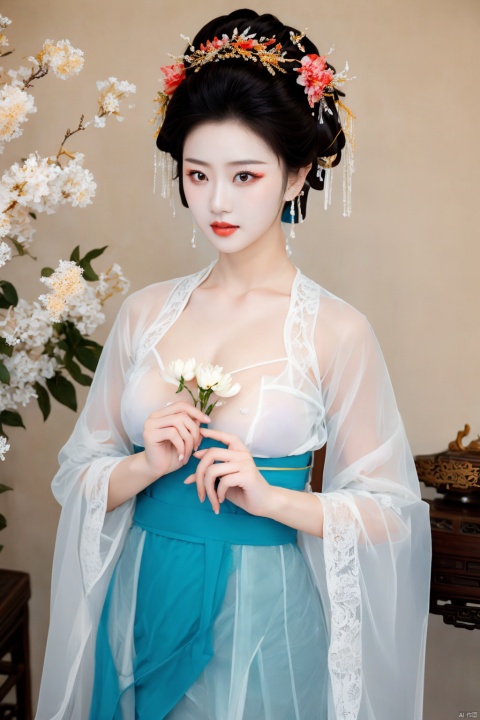 gufeng02,1girl,solo,flower,jewelry,hair ornament,earrings,chinese clothes,holding,branch,red lips,hair flower,brown hair,dress,hanfu,white flower,looking at viewer,upper body,long sleeves,wide sleeves,holding flower,indoors,bare shoulders,makeup,see-through,collarbone,breasts,brown eyes,sash,blue dress,shawl, masterpiece, best quality,NSFW,spitroast,see-through control,see through