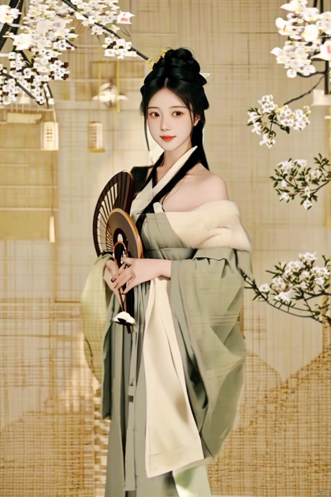 macp style, 1girl, macp_background, hair bun, solo, hanfu, long hair, nsfw, breasts, looking at viewer, smile, black hair, bird, hand fan, branch, holding fan, holding, medium breasts, topless, single hair bun.,NSFW