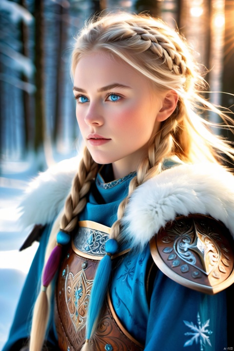  A fiercely proud Nordic girl stands, her presence exuding unwavering strength. Her blonde braids cascade down her back, framing a face marked by determination and resilience. This stunning portrait captures her piercing blue eyes, reflecting the icy landscapes of her homeland. The intricate details of her embroidered Viking armor and fur-lined cloak speak of her warrior spirit. This high-quality painting seamlessly combines power and grace, drawing the viewer into the captivating story of a fierce Nordic warrior princess. playful body manipulations, divine proportion, non-douche smile, gaze into the camera, holographic shimmer, whimsical lighting, enchanted ambiance, soft textures, imaginative artwork, ethereal glow, silent Luminescence, whispering Silent, iridescent Encounter, vibrant background, by Skyrn99, full body, (((rule of thirds))), high quality, high detail, high resolution, (bokeh:2), backlight, long exposure:2