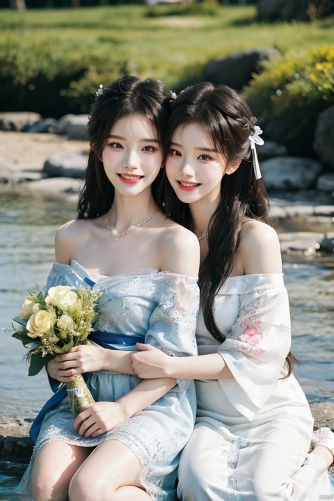  Ultra-realistic, photography level, high details, exquisite facial features, master works, best quality, higher quality, ultra-high resolution, 8k resolution, 18-year-old beautiful girl, (there are two twin sisters in off-the-shoulder Hanfu, leaning on each other) (two people sitting on the ground together, one leaning on the other's lap) (long hair on the shawl), (happy expression, smile), sweet face, (Lee ji Eun), (song yuqi), tall chest, (white tulle shawl), (one person holds a bouquet of flowers in his hand) ((half-length picture)), Hanfu embroidery, off-the-shoulder Hanfu, wearing accessories, wearing necklaces, (two playing together in the water, very happy)