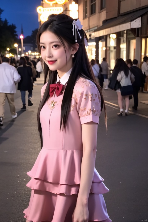 best quality, masterpiece, 1girl, solo, smile, black hair, long hair, standing, cowboy shot, cyb dress, dress, pink dress, layered dress, frilled dress, short sleeves, ribbon, bowtie, frills, bow, dress bow, heart symbol, hair bow, hair ornament, night, light, neon light, amusement park, people, detailed background, , 