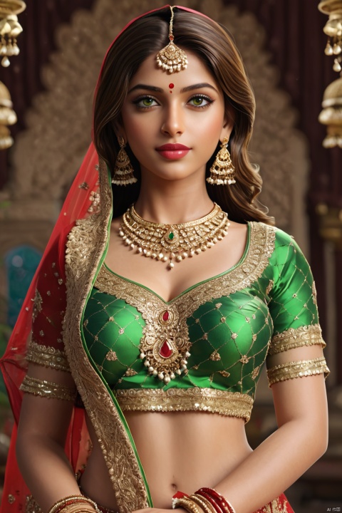  Indian girl, beautiful face , sharp eyes , ornaments, beautiful background, ultra realistic, UHD

Realistic, hyper-realistic, highly detailed, analog photo, film grain, (Full body lens: 1.2) Girl in brown hair, green eyes, wearing intricate lace red lehenga choli, red lipstick, jewelry, necklace, looking past camera, hair accessories, jasmine in hair, facing us