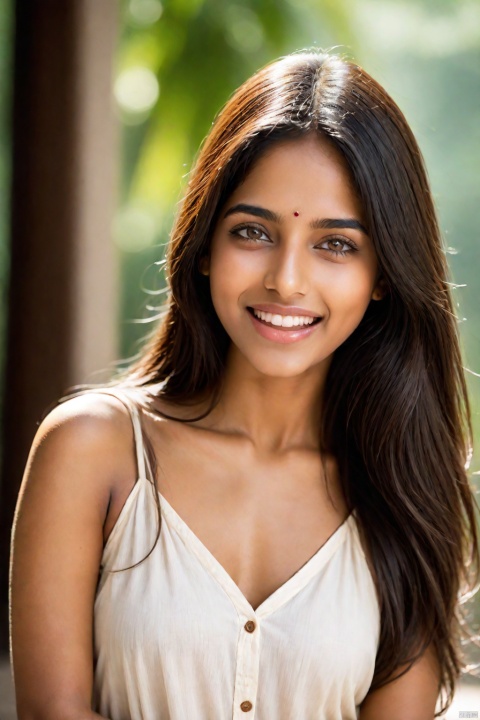 A stunning Indian beauty with fair, glowing skin and a captivating smile, her dreamy eyes shining with ambition and her long, luscious brown hair cascading down her back.
