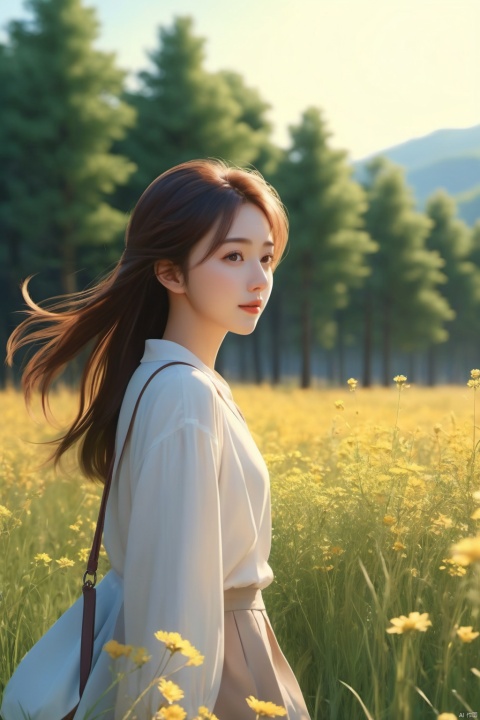 high quality, 8K Ultra HD, masterpiece, beautiful girl, A digital illustration of anime style, digital paintings of her, beautiful face, A beautiful girl walking with a bag on a grassy field, surrounded by a vast expanse of greenery and wildflowers, Her hair is gently swaying in the breeze, and the sun is shining down on her, casting a warm glow on her skin, heroines, delicate skin, beautiful hair, large eyes, three dimensional effect, enhanced beauty, Albert Anker, Feeling like Albert Anker, Kyoto Animation, Feeling like Kyoto Animation, brown hair, a little smile, luminism, black eye, 3d render, octane render, cinematic, Isometric, by yukisakura, awesome full color,
