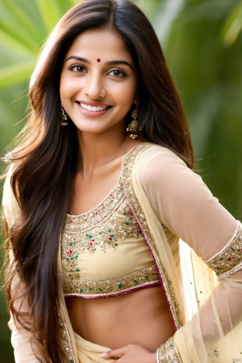 A stunning Indian beauty with fair, glowing skin and a captivating smile, her dreamy eyes shining with ambition and her long, luscious brown hair cascading down her back.