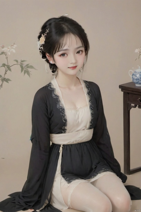 gufengsw001,1girl,solo,looking at viewer,smile,black hair,hair ornament,long sleeves,jewelry,sitting,closed mouth,full body,braid,earrings,hair flower,white dress,black eyes,cup,chair,no shoes,chinese clothes,table, pantyhose,teacup,hanfuteacup,hanfu,completely nude