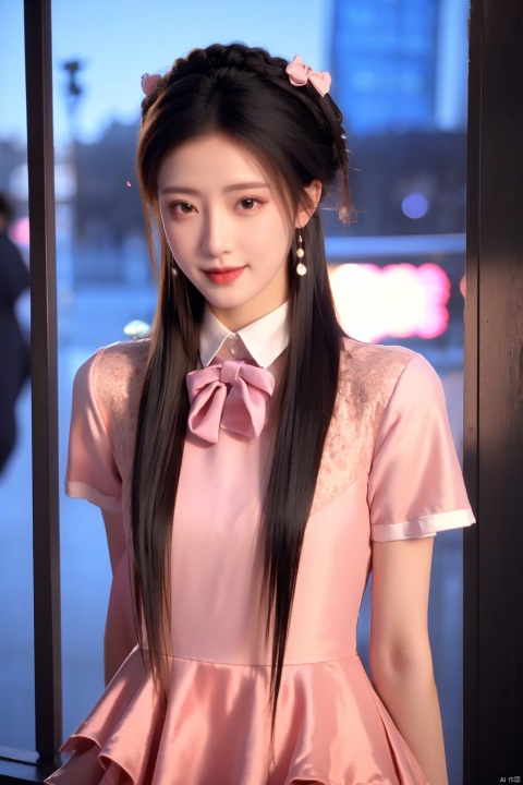 best quality, masterpiece, 1girl, solo, smile, black hair, long hair, standing, cowboy shot, cyb dress, dress, pink dress, layered dress, frilled dress, short sleeves, ribbon, bowtie, frills, bow, dress bow, heart symbol, hair bow, hair ornament, night, light, neon light, amusement park, people, detailed background, , 