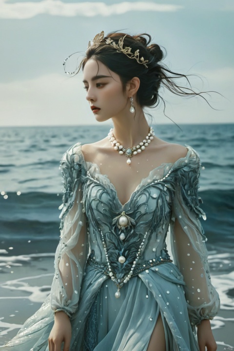  illustration of fantasy clothing for a sea queen, ornate, otherworldly and sultry, magical, inspired by water and pearls