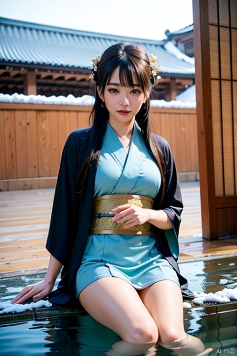  master piece, best quality, realistic, photorealistic, ultra highres, shiny skin, 1girl, (((wear kimono))), solo, (long hair) , zydG , brown hair, eyelash, cute girl, kawaii, cute, cute face, pretty face, thick hair, young, make up, powder blusher, (beautiful big eyes:1.2), eye make up, double eyelid, tear bag, supermodel, sky, tree, outdoors, water, steam, pond, east asian architecture, day, architecture, blue sky, house, building, onsen, cherry blossoms, rock, (snow, white theme), wqmy, partially submerged , BY MOONCRYPTOWOW, WQMY