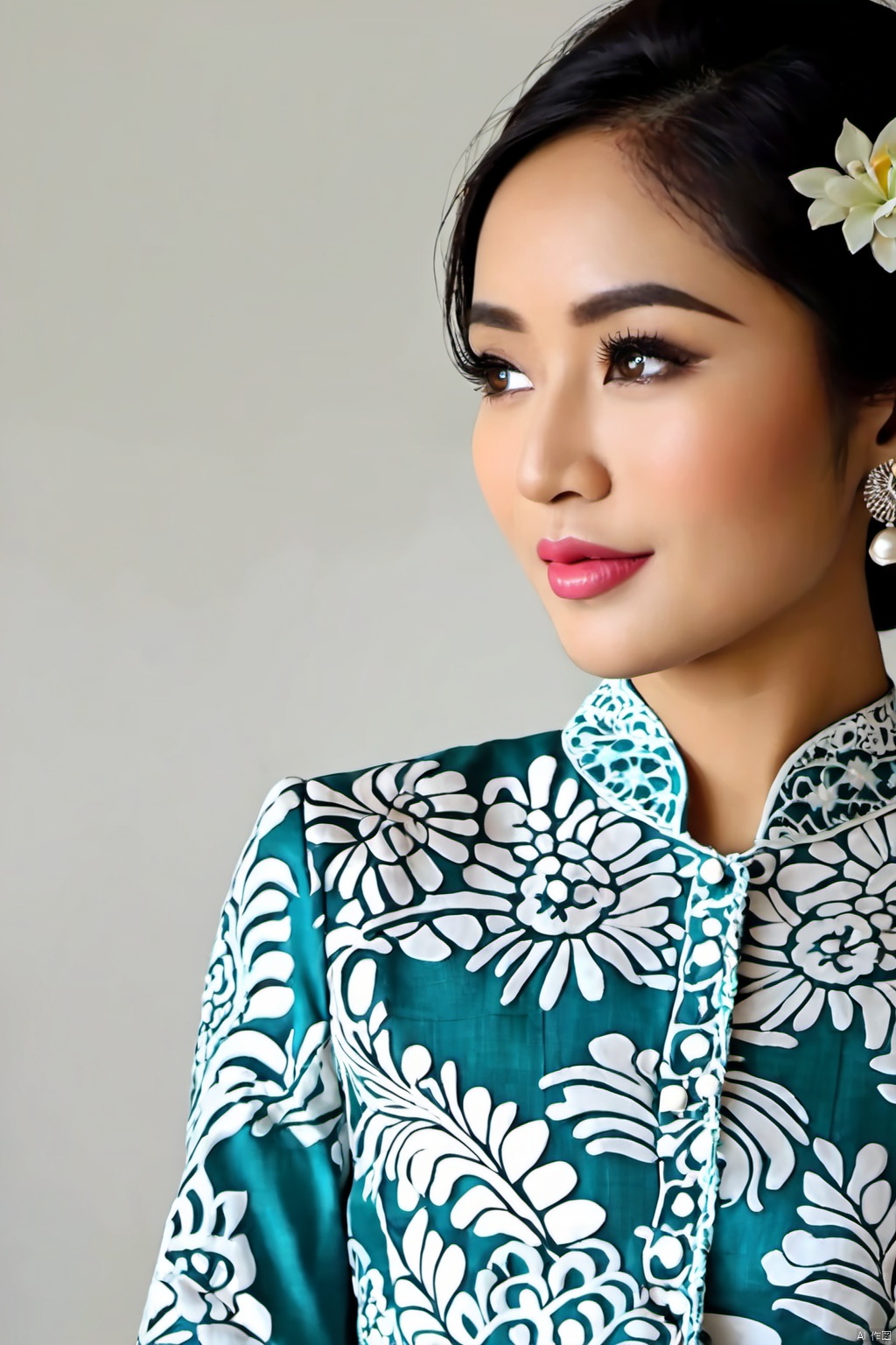  1 gadis cantik indonesia,rambut di sanggul dan ada hiasan kembang melati dan mahkota,memakai setelan kebaya adat Bali berwarna putih,rok kain batik.