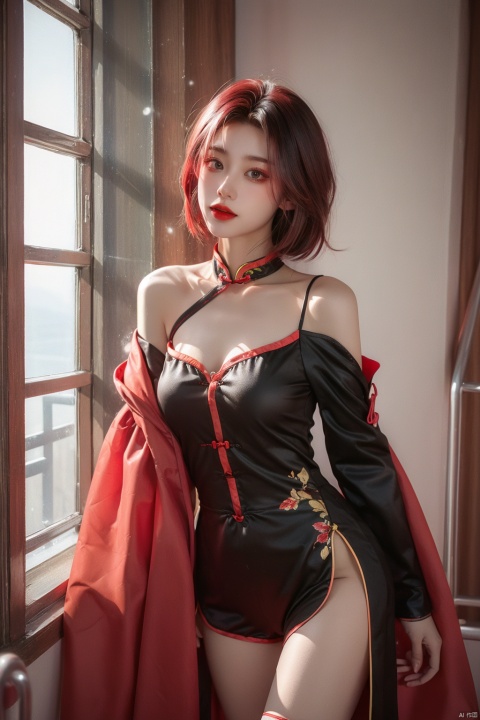  A girl. 37 point short hair over the shoulder. Black hair. Red cheongsam. Black sleeves. Red glasses. Red eyes.Black stockings. Black long boots. Black safety shorts. big boobs.Details of cheongsam. Clothing details.