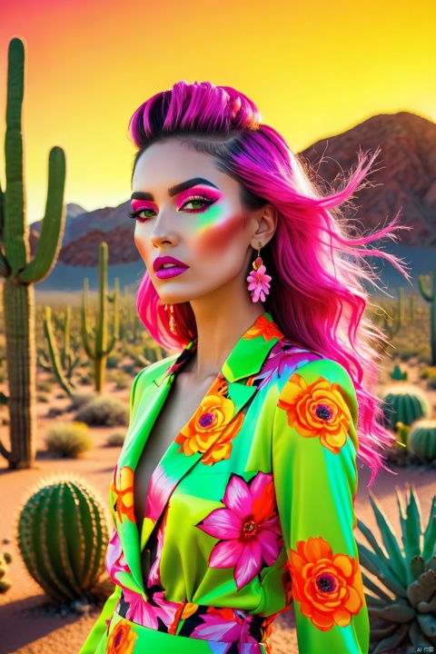  A woman stands in the desert, surrounded by vibrant cacti and mirrors reflecting the bright sunlight. She is dressed in a stunning floral-printed outfit, with neon yellow, neon green, fuchsia, and fluorescent orange hues. Her eyes are adorned with neon makeup, and her hair is a bright and bold color, adding to the overall striking image.