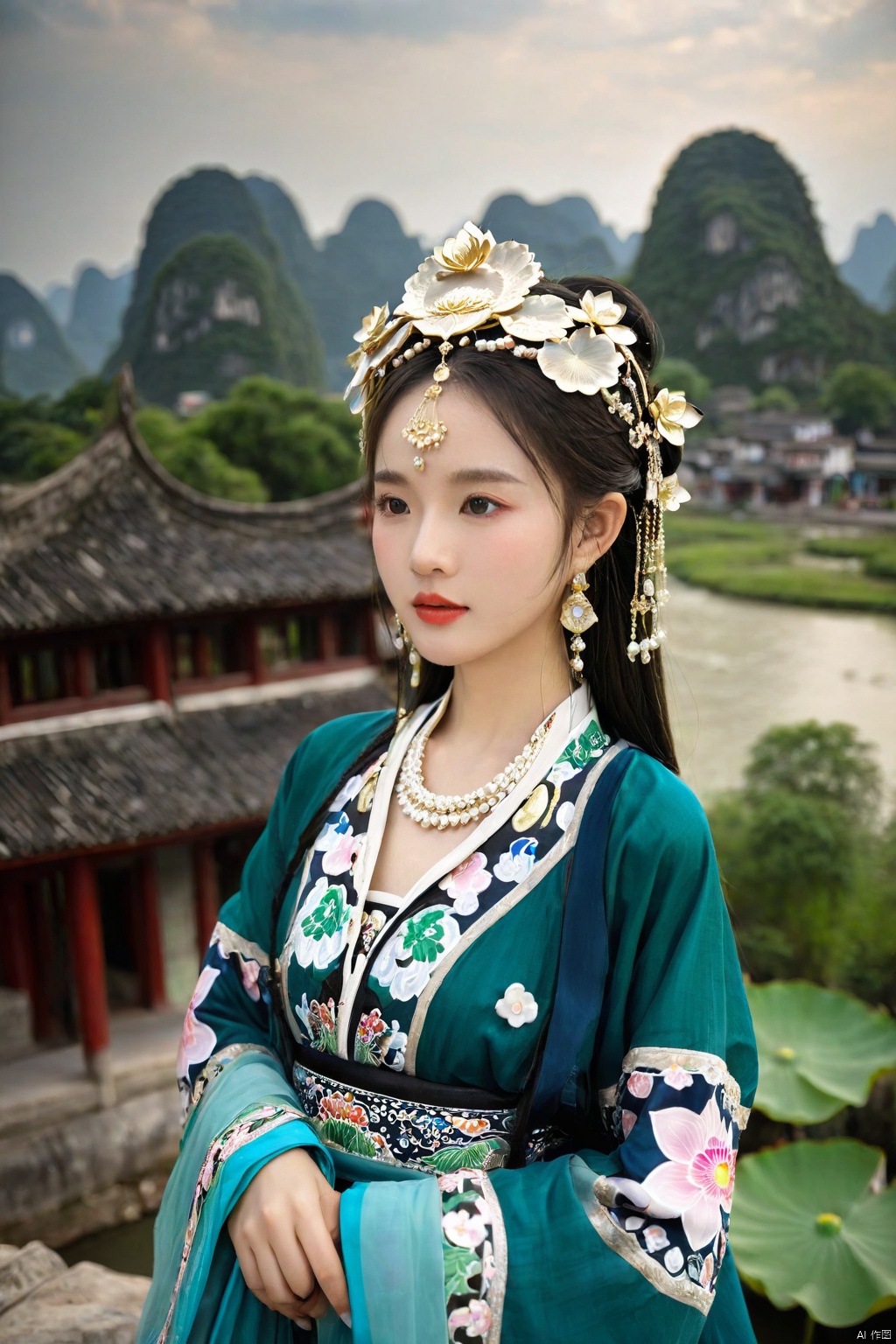  Detailed high, high precision, high quality, the UHD, 16 k, rich details, abundant element, shows that a girl, beautiful, lotus, lotus leaf, pearlygates, traditional clothing, clothing patterns, miao clothing headwear, Face Score, MAJICMIX STYLE, arien_hanfu, monkren,full-length mirror,Breast, huge,Dramatic clouds, mountains, rivers, ancient buildings,Guilin landscape, Guilin, Hangzhou,Sunny,shoes,,full body, MEINV, sunlight