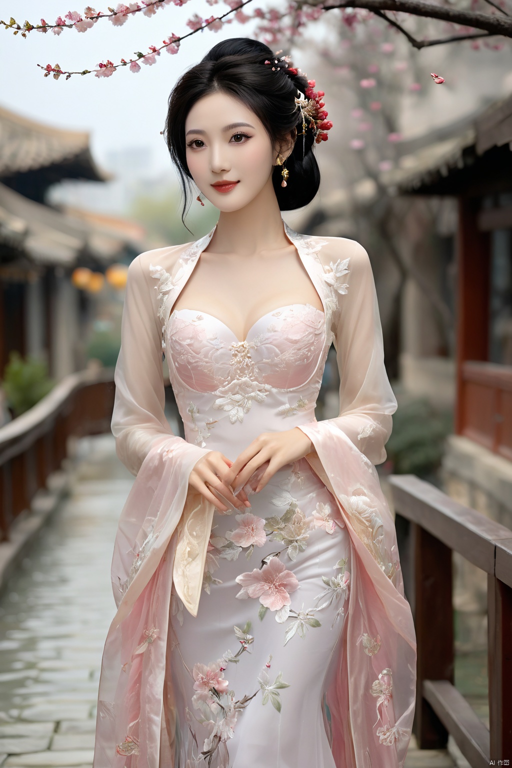  Realistic, photorealistic, masterpiece, best quality, dark shot, (photo of portrait:1.2), (1girl), (straight and round breasts:1.8), solo, smile, looking at viewer, long black hair, Full-body photos, (Wearing a pink Chinese wedding dress on the outside and a white lace semi transparent bra on the inside:1.8), (an ancient bride adorned with gold hairpins and silver jewelry), an extremely delicate and beautiful, real person, fair skin, ((Slender and perfect long legs)), ((perfect hands)), (perfect hands:1.5), plentiful breasts, (see through:1.5), (blackpantyhose:1.2), (plump chest), (Suzhou Garden:1.3), (cherry blossom trees:1.1), petals, falling petals, petals, falling petals, Lantern, Realistic Scene, Canon D50 Shooting, wedding gown, qipao