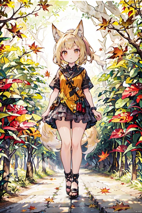  1girl, solo, looking at viewer, sitting, fox ears, full body, strappy heels,plaid shirt, short sleeves,jacket, bow, bangs, low ponytail, blonde hair fox tail, fox girl, kitsune, ((autumn, outdoors, day, forest, falling leaves, bird, leaf)), (fog, dyntall effect), (wide shot, panorama, full body, depth of field),(movie poster,english text),(Flagstone road,branches), dona
