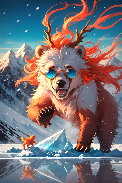  A fire dragan with sunglasses, caught in a hilarious pose, showcasing disbelief and laughter, surrounded by the stunning beauty of nature. The background offers a picturesque view of snow-capped mountains, reflected in a crystal-clear lake. The icy scenery creates a surreal ambiance as the bear playfully appears to be floating on the frozen surface with a hint of motion blur, adding a touch of whimsy to the image.