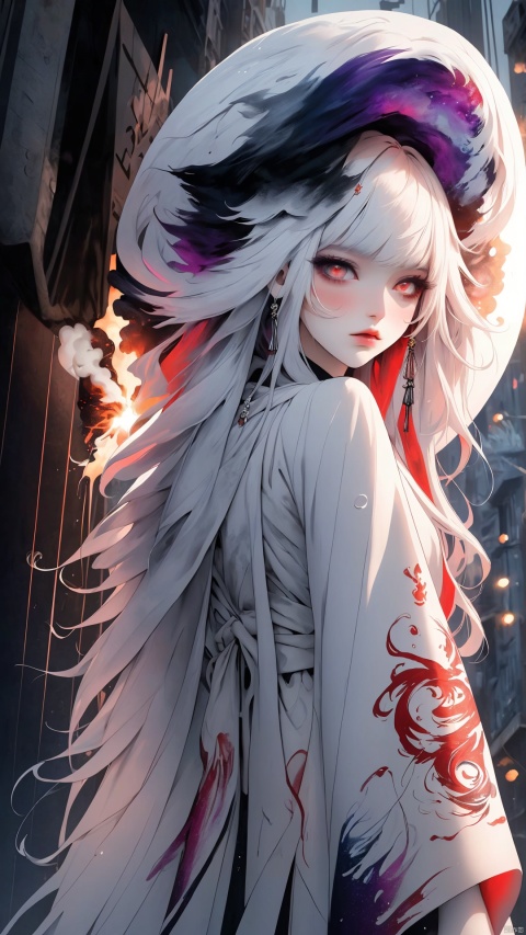  dark theme, highres, masterpiece, top quality, best quality, official art, (beautiful and aesthetic:1.2), (colorful:1.3), (1girl), standing, from behind, white hair, long messy hair, colorful inner hair, white collared dress, (moist skin), moon, (explosion of colors:1.4), fractal art, rain, night abandoned city, depth of field, dim lighting, dramatic, Ink painting