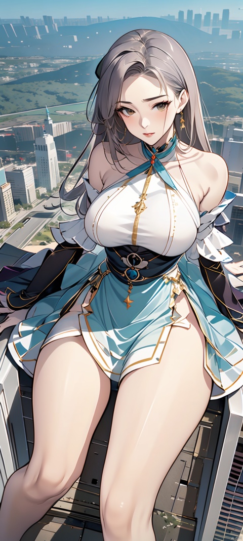 A stunning giantess, reclining on a city rooftop, her massive figure stretching far beyond the tallest buildings. Her serene expression and gentle demeanor make her seem like a peaceful giantess watching over the city below, her beauty and grace captivating all who see her.
