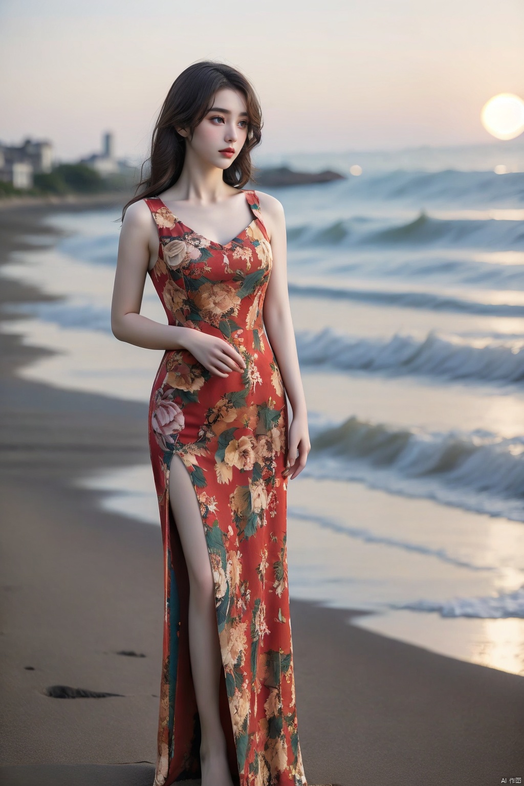  ((masterpiece)), ((best quality)), 8k, high detailed, ultra-detailed, (20-year-old girl), (dress), (strap dress), (on the beach), (solo), (seaside), (sunset), (golden hour), (ocean waves), (sand), (serenity).cuihua, cuihua