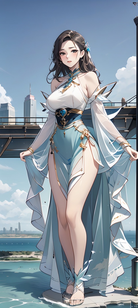 An enchanting giantess, standing at the edge of a city pier, her feet submerged in the water below as she gazes out at the sea. Her colossal size makes her seem like a mythical sea goddess, with the city skyline as her backdrop, in awe of her majestic presence.