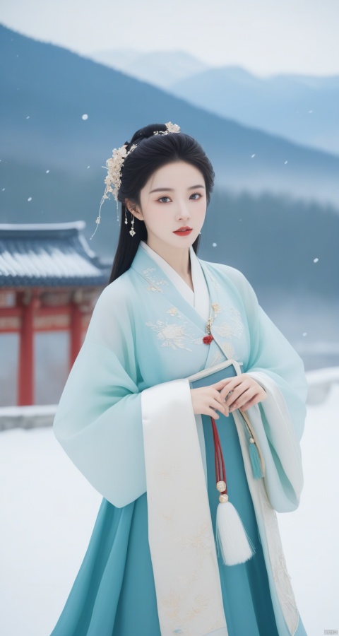  A winter fashion influencer donning a hanfu-inspired ensemble, blending traditional elements with modern trends. She poses against snowy backdrops, exuding effortless style and elegance.