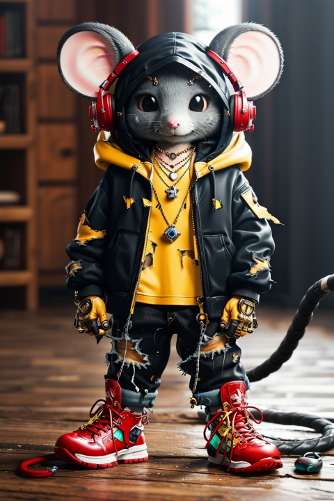extremely detailed CG unity8 k wallpaper,masterpiece,best quality,ultra-detailed,
3D, jacket, pants, torn pants, solo, shoes, torn clothes, gloves, headphones, shirt, jewelry, fingerless gloves, animal ears, no humans, black pants, blurry background, black shirt, blurry, hood, necklace, open clothes, open jacket, red footwear, black eyes, mouse ears, standing, furry, full body, sneakers, mouse, yellow jacket, black gloves, cable, long sleeves, hood down