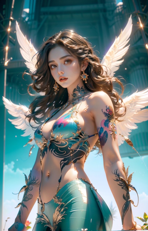 (1girl, flowing Colorful wings) A mesmerizing portrait of a woman with flowing colorful wings, her body covered in a masterpiece of body art and tattoos. The cinematic front view captures her long flowing hair (1.2) and sensual pose, with the wings creating a dynamic and alluring visual effect.