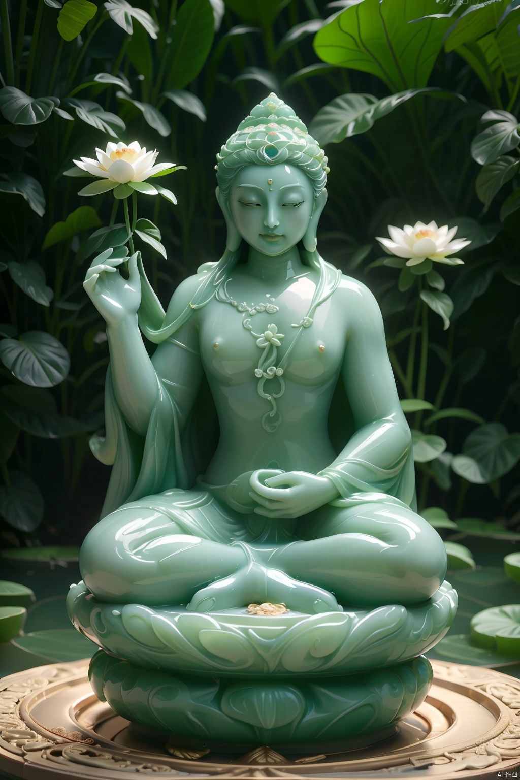 Lotus-Born Buddha Realm: Floating on a tranquil pond, a majestic Padmasambhava statue emerges, his form adorned with intricate mandala motifs and crowned with a halo of lotus petals. Cast in bronze with a patina of verdigris, he symbolizes spiritual rebirth in this garden of meditation.