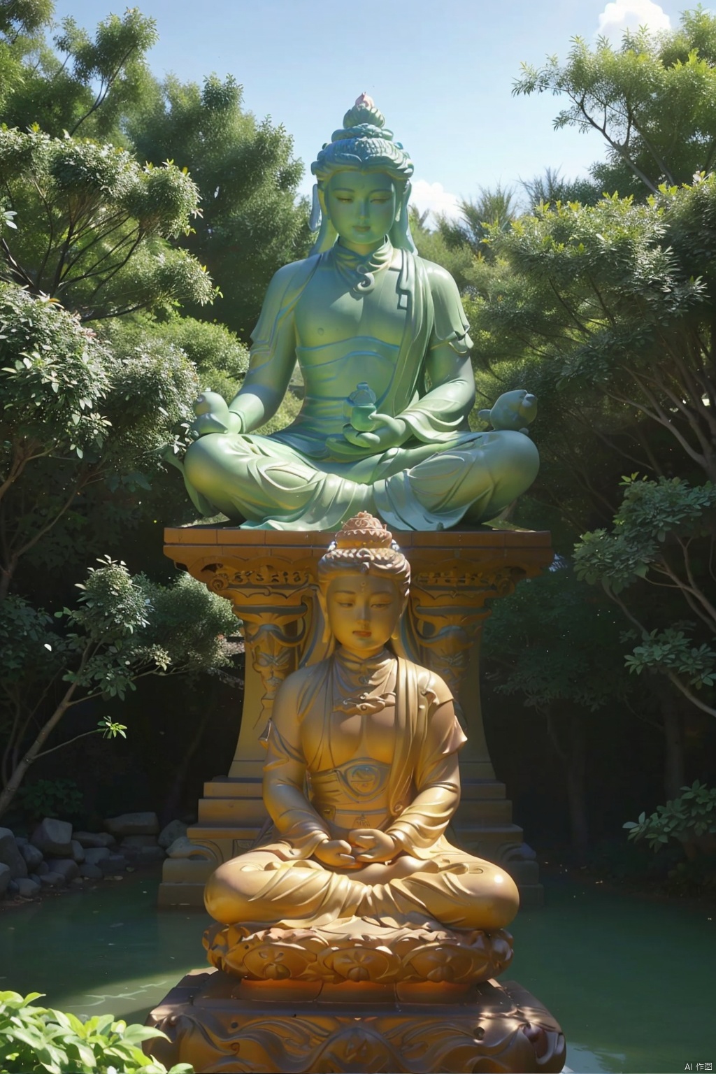 Astral Meditation Garden:Giant ancient chinese statues,His vastness surpasses all buildings, Discover a serene garden designed for deep meditation and reflection. The garden is adorned with ancient symbols and statues representing celestial beings. Soft incense fills the air, enhancing the senses and promoting a state of inner peace. Sit among the intricate patterns etched in the ground and let the harmonious energy of the garden guide you on a journey of self-discovery., Giant Clan, GTS,qinghuaci, glaze