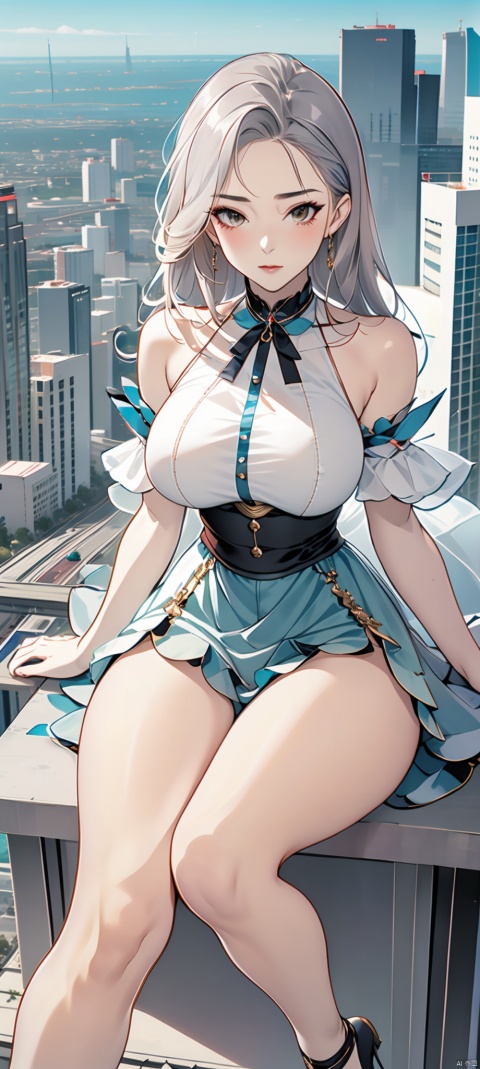 A captivating giantess, sitting on a city bridge, her legs dangling over the edge as she watches the traffic below. Her massive form and stunning beauty make her seem like a guardian of the city, her serene expression and gentle demeanor captivating all who see her.