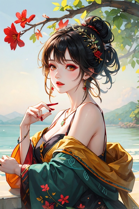  1girl,solo,(hime cut:1.2),black hair,bangs,jewelry,long hair,earrings,blunt bangs,looking at viewer,japanese clothes,upper body,closed mouth,branch,brown eyes,red lips,plant,makeup,nail polish,