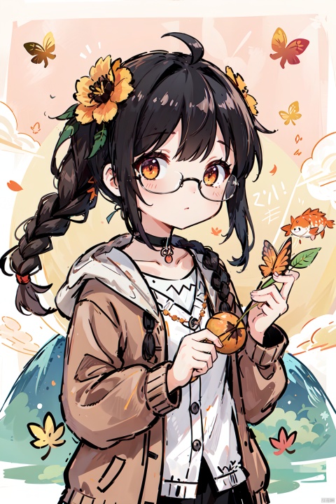  1girl, acorn, aki_shizuha, autumn, autumn_leaves, black-framed_eyewear, braid, braided_ponytail, breathing_fire, brown_hair, bug, burning, butterfly, campfire, cardigan, choker, cloud, cloudy_sky, covering_mouth, crab, dragonfly, dusk, evening, falling_leaves, fiery_wings, fire, fish, flame, ginkgo_leaf, glasses, goldfish, gradient_sky, holding, holding_leaf, horizon, jewelry, leaf, leaf_background, leaf_hair_ornament, leaf_on_head, leaf_print, leaves_in_wind, long_hair, long_sleeves, maple_leaf, molten_rock, mountain, open_cardigan, orange_flower, orange_sky, orange_theme, outdoors, red_sky, single_braid, sky, solo, starfish, sunset, sweet_potato, twilight, twin_braids, white_butterfly, wind, yellow_butterfly