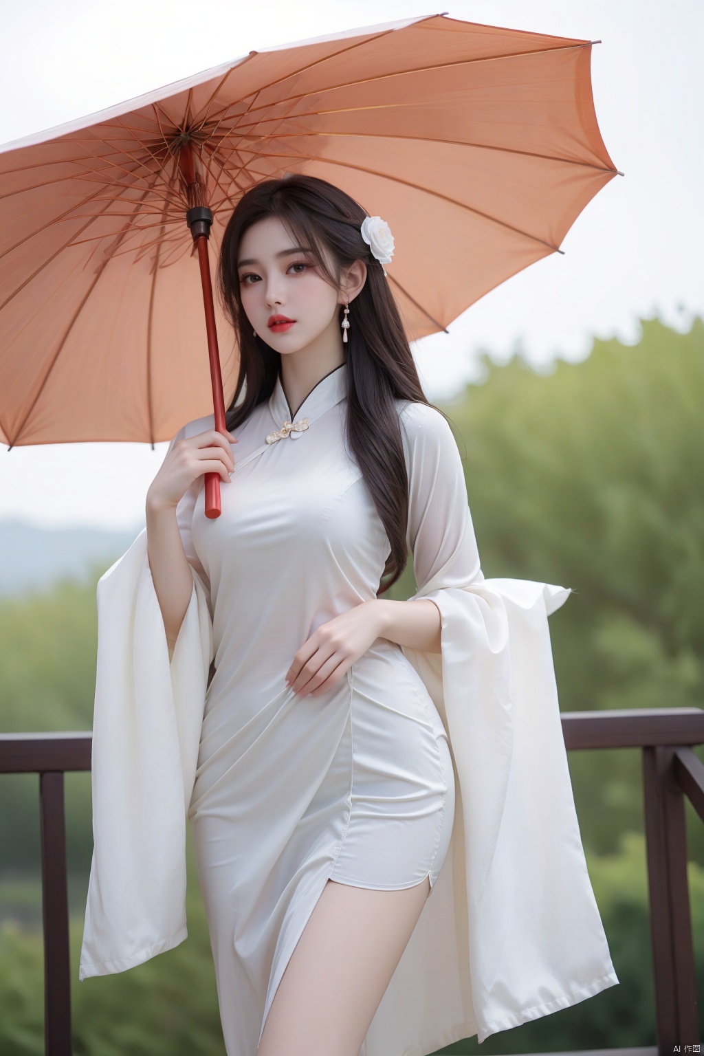  1girl, solo, long hair, looking at viewer, brown hair, black hair, hair ornament, long sleeves, holding, brown eyes, jewelry, closed mouth, standing, flower, earrings, artist name, hair flower, wide sleeves, lips, umbrella, chinese clothes, tassel, holding umbrella, red lips, oil-paper umbrella, hanfu