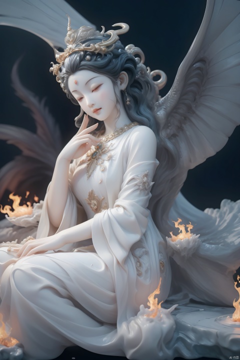  Girl with dragon wings, looking at viewert, Behind it are large wings, Beautiful big wings, ((Realistis, photo-realistic: 1.3), Smiling, rejoice, Extremely refined and beautiful, astounding, finedetail, intricate complexity, (((Dragon, Surrounded by flames, Black mountains, the trees, magma, ventania, Long wavy body, hiquality, The is very detailed, Epic))), particle fx, Dynamic effects, Surround sound, Clouds, the sunset, sharp-focus, volume fog, 8K Ultra HD, Digital SLR, hiquality, (Film grains:1.4),FujifilmXT3,offcialart,统一8k壁纸, Super detailed, Beautiful and beautiful, best qualityer,(sfractalart:1.4),复杂, ultra detialed, (dent in the skin), Woman's, Detailed body, (Detailed face: 1.1) Meditate on Buddha statues, Absurd long hair, Pale golden eyes, Looking at the audience, subtle pattern, Pedras preciosas, a gold, diamonds, Fine feathers,,,,,luz eenvolvente, Holiness, The light from the back window is backlighted, On the contrary, Girl with horn ornaments on her head, Girl with orange hair, Ink painting, shidiao