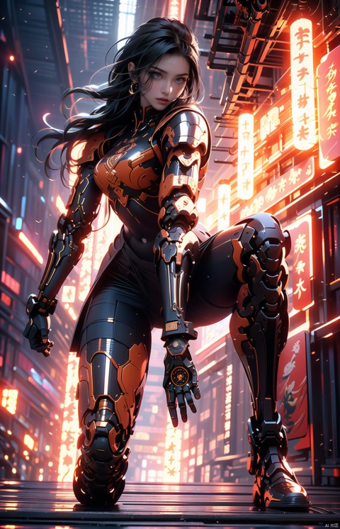  1girl, parted lips, hair blowing in wind, open hand, machinery, Mecha, science fiction, machinery armor, Metallic luster, electroplated, clothes sign, Mars, spaceship, floating cannon, hexagon, (from below:1.2), glow, backlighting, (background blur:1.2), cinematic lighting, Low illumination, VHS-style, (masterpiece:1.3), (best quality:1.1), intricate detailed, (Hyperrealistic:1.1), (realistic details:1.1), highly detailed, (the text on the cover should be bold and attention-grabbing, with the title of the magazine and a catchy headline:1.4), , ,Super perspective,wide shot. Dynamic pose, fighting_stance.,wide shot