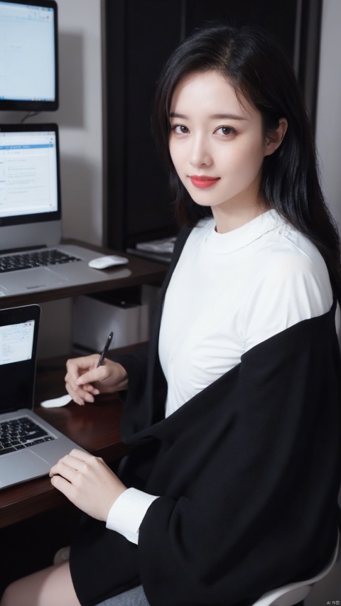 Woman, in entrepreneur's attire, Winter, modern office setting, professional colors, Laptop, startup headquarters, innovative ideas, shaping the future, confident face, (photo realistic: 1.3), Clean lighting, (determined skin: 1.2), 8K ultra-hd, DSLR, high quality, high resolution, 8K, strategic planning, business acumen, EntrepreneurWoman, Trailblazer age, briefcase, smartphone, business card, success-driven mindset, VisionaryLeader.