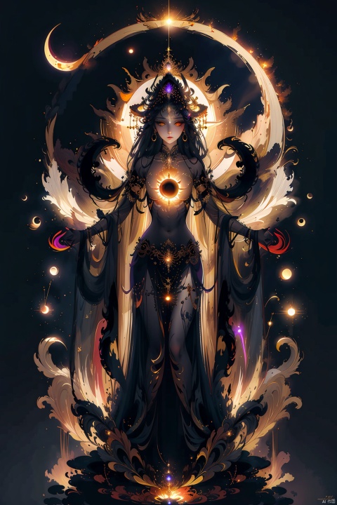 Solar Eclipse Sorceress, An enchanting sorceress surrounded by the shadowy embrace of a solar eclipse, her skin painted with the intricate patterns of celestial bodies and darkened sunbeams. The hush of the eclipse envelops her, creating an ethereal veil of cosmic mystery. Her eyes gleam with the dark light of the obscured sun, reflecting the enigmatic beauty of the celestial event. As she stands amidst the solar eclipse's shadow, she exudes a sense of celestial power and mystical allure, embodying the captivating essence of the eclipse. The fusion of celestial bodies and obscured sunbeams creates a spellbinding image of cosmic grace and celestial elegance.