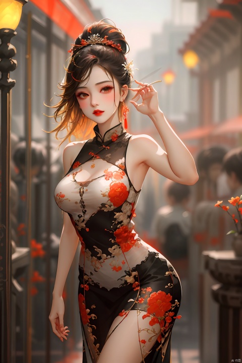  tyqp, 1girl, solo, jewelry, earrings, dress, long hair, blurry, floral print, blurry background, sleeveless, brown eyes, looking at viewer, red lips, brown hair, outdoors, black hair, arms at sides, sleeveless dress, breasts, china dress, chinese clothes, print dress, lips, white dress, upper body, Ink painting