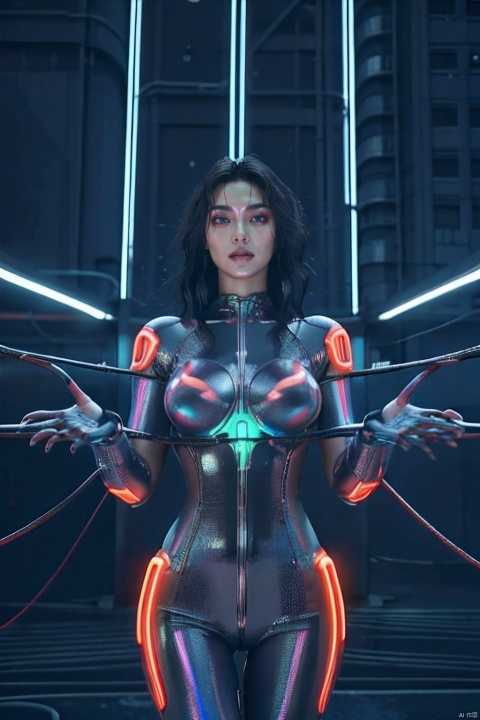 Discover the enigmatic allure of a cyberpunk hacker in a sleek metallic bodysuit, adorned with neon string details that glow under the high-quality lights. With 8 arms and 8 hands manipulating holographic interfaces with speed and precision, she is a futuristic masterpiece against a digital greyscale backdrop.