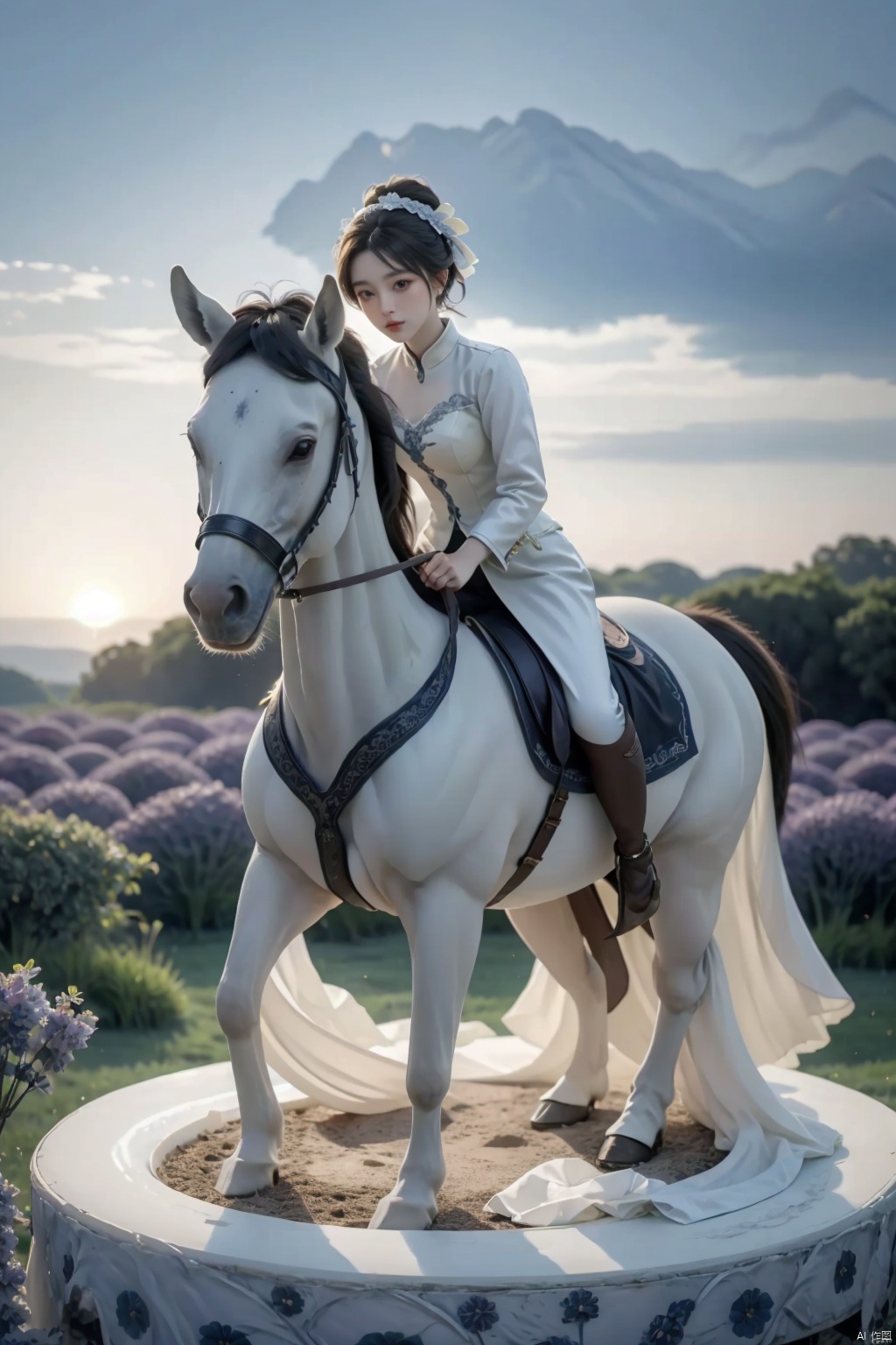 Equestrian Elegance: A lady in a fitted ivory riding habit, her chestnut hair tied back with a silk ribbon, seated gracefully on a dapple-gray mare amidst a field of blooming lavender. Full-body shot, highlighting the fluid lines of both rider and horse under the soft glow of dawn, captured in 8K for ultimate clarity.