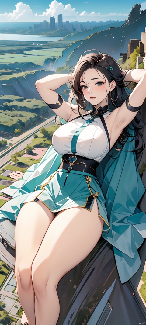 A breathtaking giantess, lying on her back in a city park, her massive form sprawled across the grassy expanse. Her arms are folded behind her head as she gazes up at the sky, her beauty and serenity creating a peaceful oasis amidst the urban chaos.