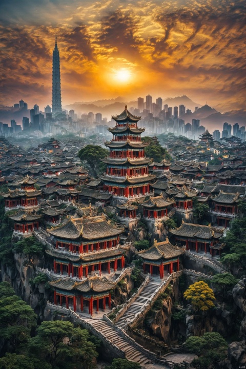  duobaansheying,(masterpiece:1.3),(8K, realisticlying, RAW photogr, Best quality at best:1.4),National Geographic,photo contest winners,,outdoors,
Prosperous Chinese Architecture: A majestic cityscape during sunset, where traditional Chinese architecture meets modern skyscrapers. The vibrant colors of the sky blend seamlessly with the cloud-top scenery, creating a picturesque backdrop. The image captures the prosperous essence of a bustling city, juxtaposing old-world charm with contemporary development.